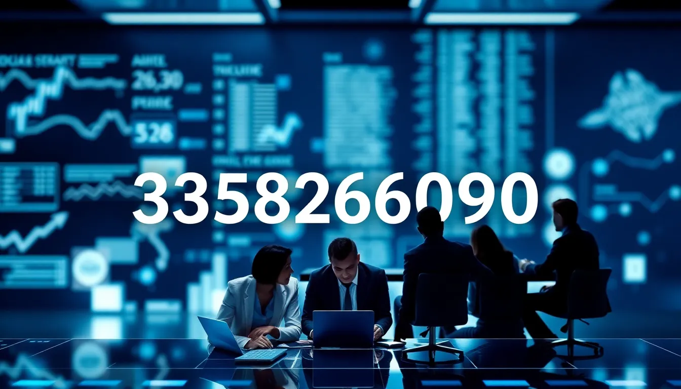 graphic showing the number 3358268090 with professionals discussing in a modern setting.